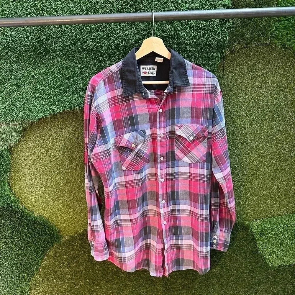 Vintage 1980s Western Craft Snap-up  Plaid Shirt Size XL
